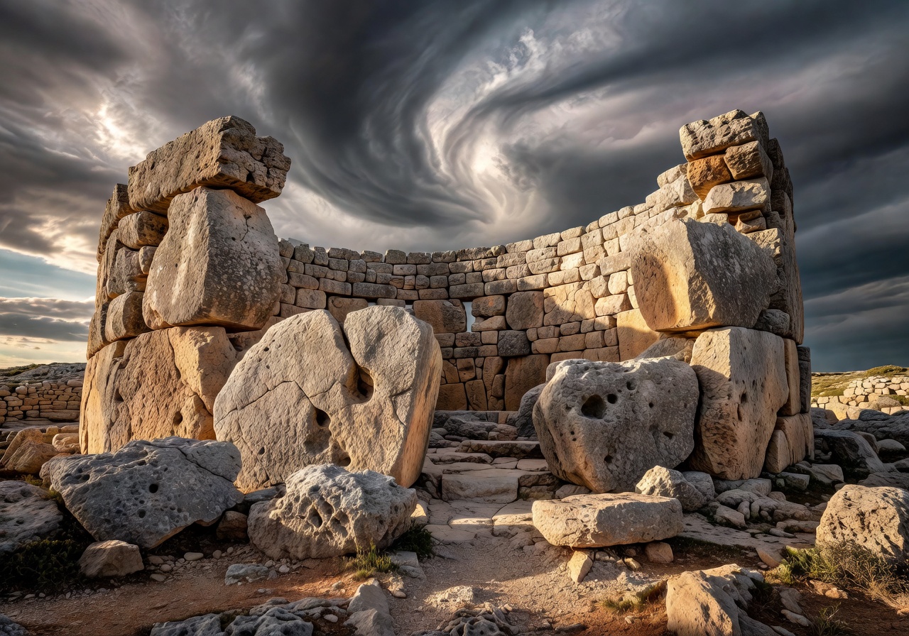 Ancient Ġgantija megalithic temple ruins on Gozo Malta with massive limestone blocks against dramatic sky