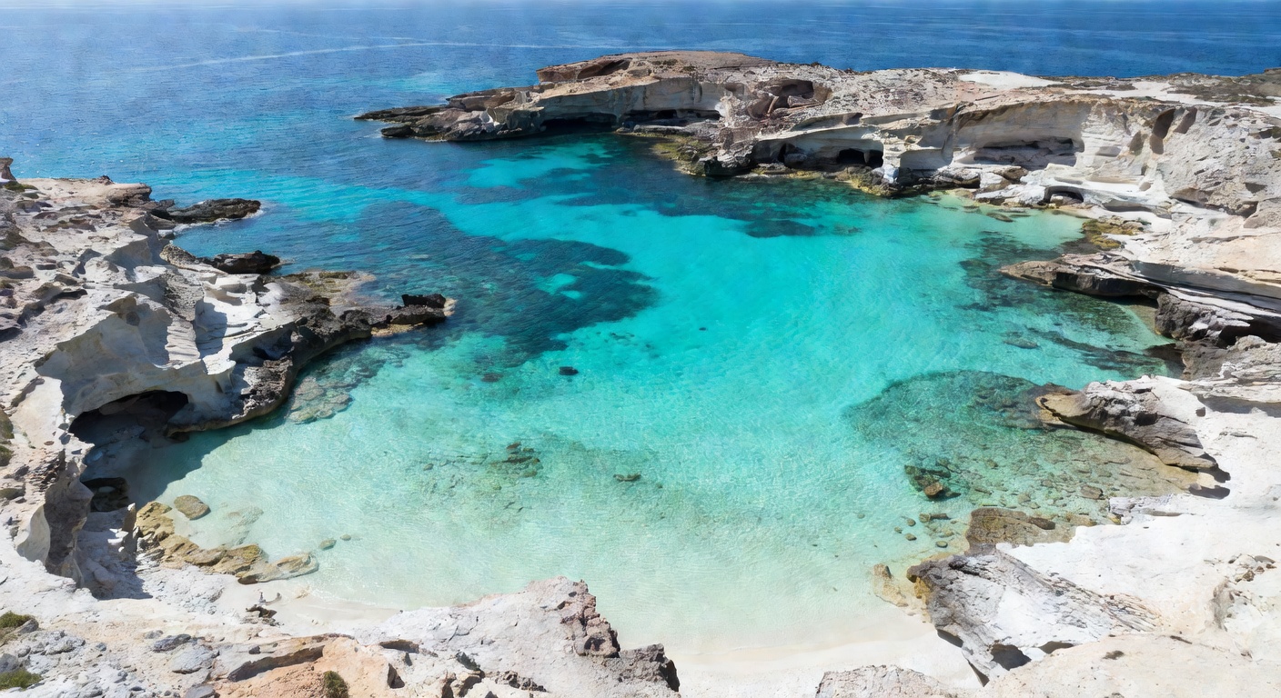 Blue Lagoon Comino Malta aerial view with crystal clear turquoise water and white rocky coastline