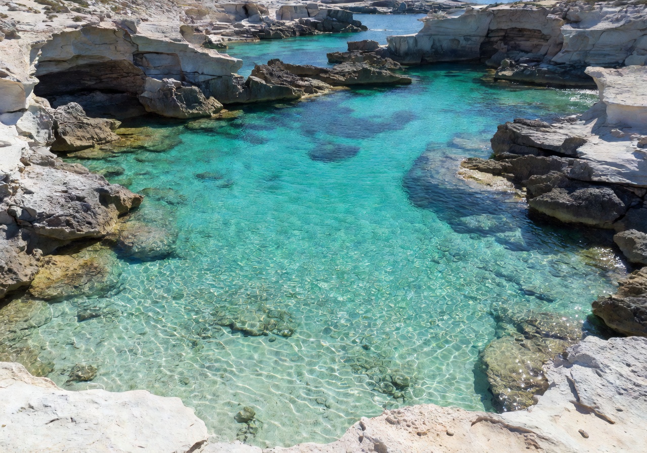 Blue Lagoon Comino Malta with crystal clear turquoise waters surrounded by white rocks