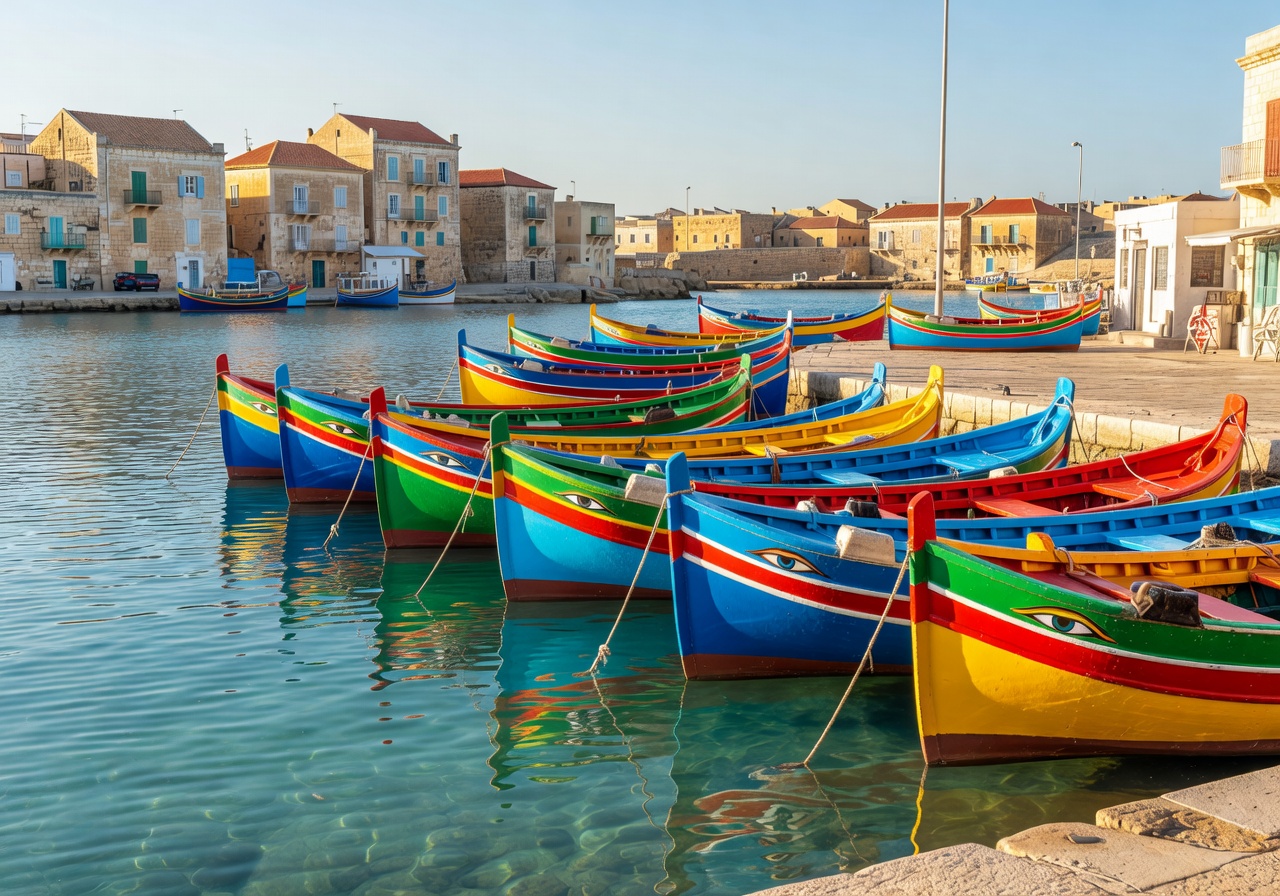 Colourful luzzu fishing boats lining Marsaxlokk harbour Malta on a sunny morning