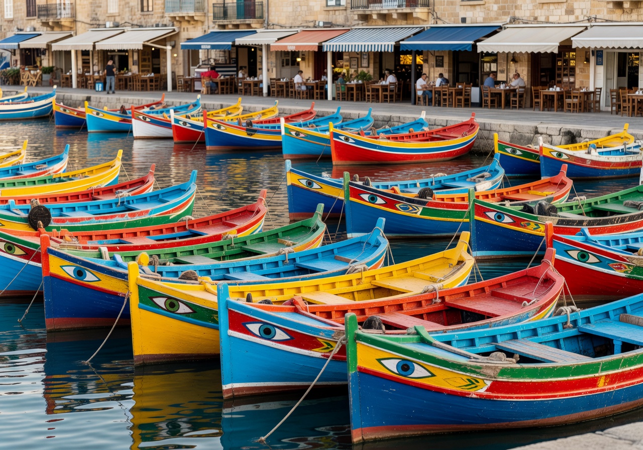 Colourful traditional luzzu fishing boats in Marsaxlokk harbour Malta with waterfront restaurants