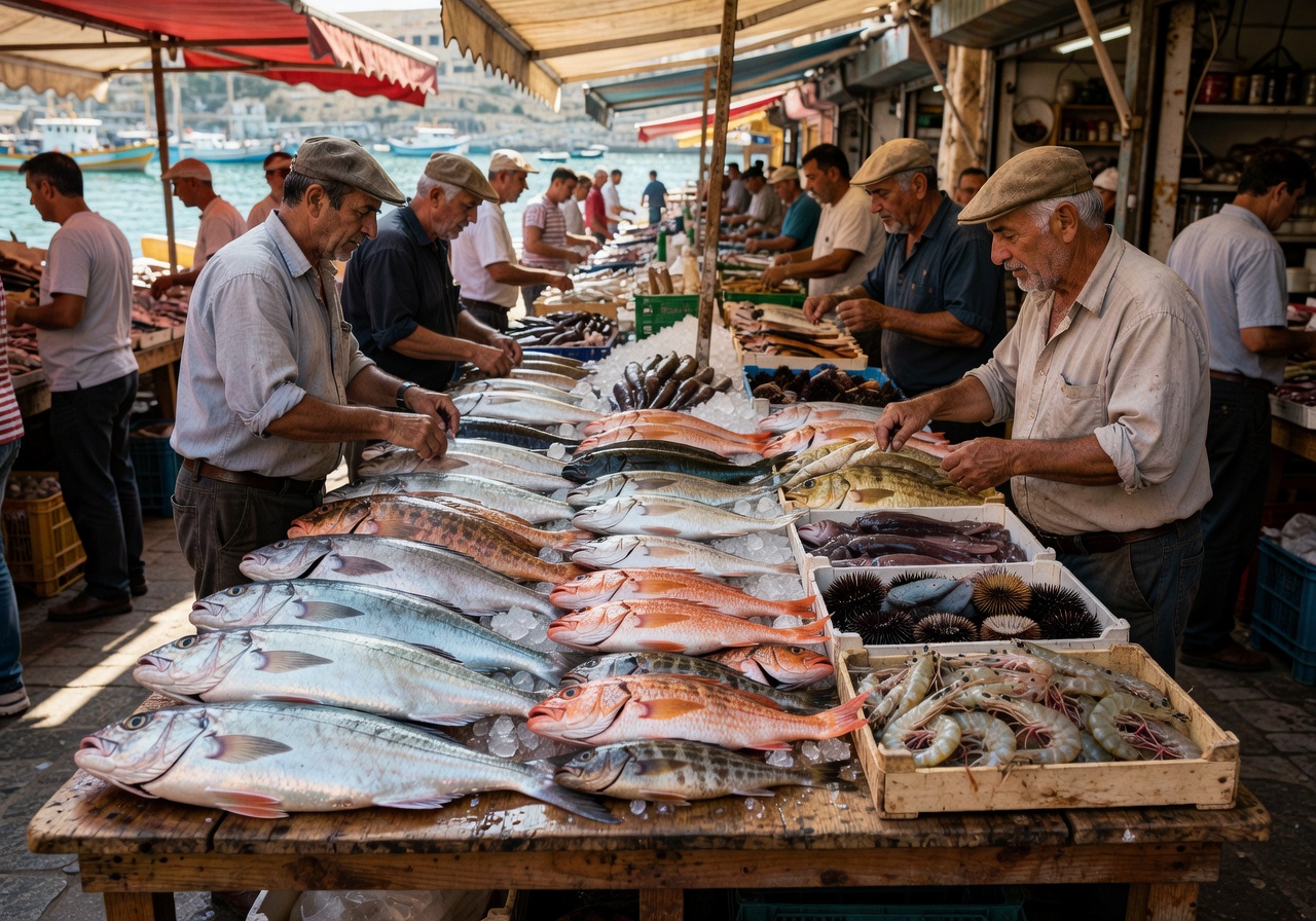 Fresh fish and seafood display at the famous Marsaxlokk Sunday market Malta with local vendors