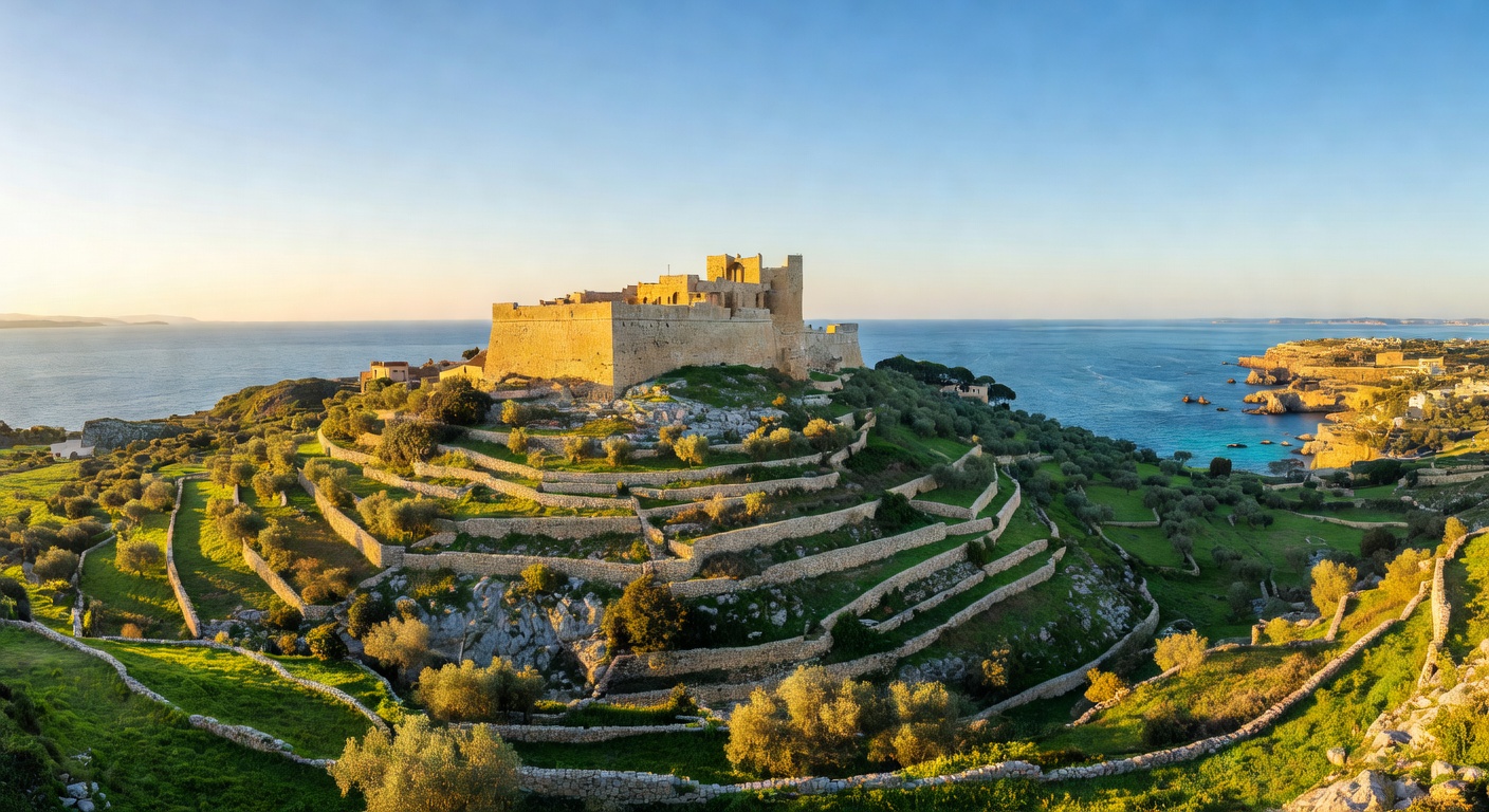 Gozo island Malta panoramic view with green terraced hills Citadel and Mediterranean Sea