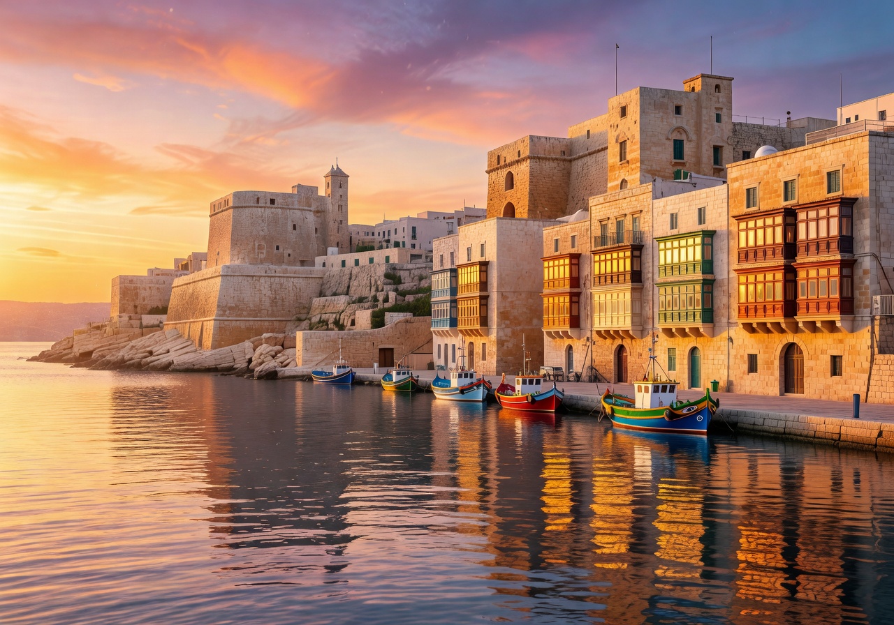 Grand Harbour of Valletta Malta with historic fortifications and traditional balconies at sunset