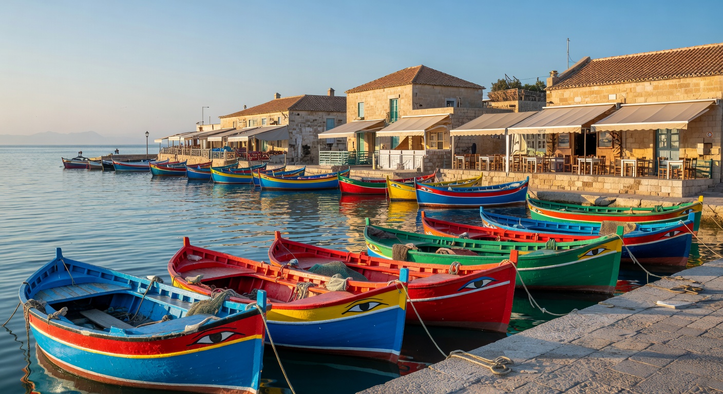 Marsaxlokk harbour Malta with rows of colourful traditional luzzu fishing boats and waterfront restaurants