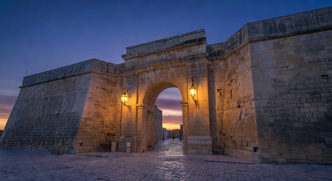 Mdina Malta ancient gate entrance to the Silent City with stone walls and lanterns at dusk