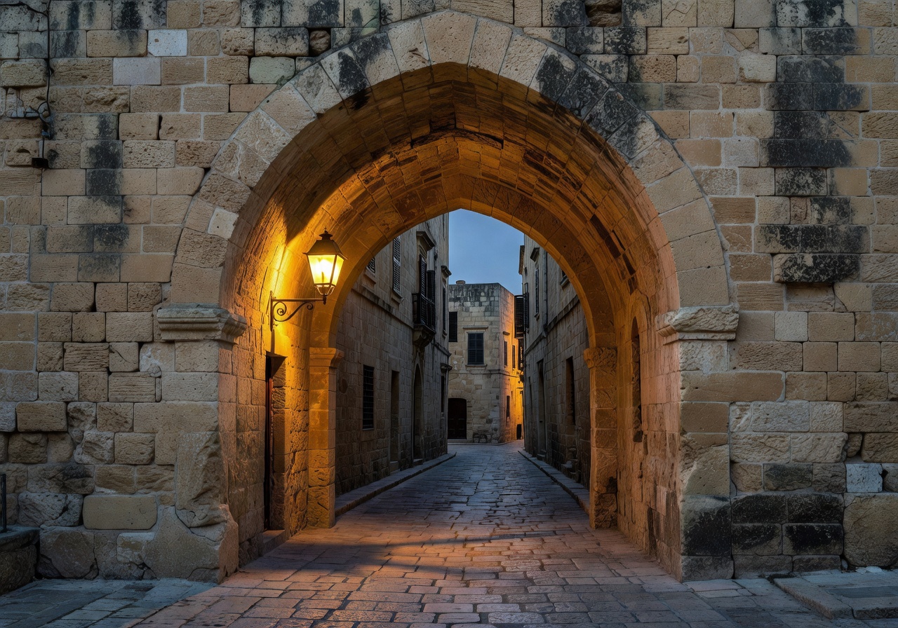 Medieval stone archway in Mdina the Silent City of Malta with warm lantern light