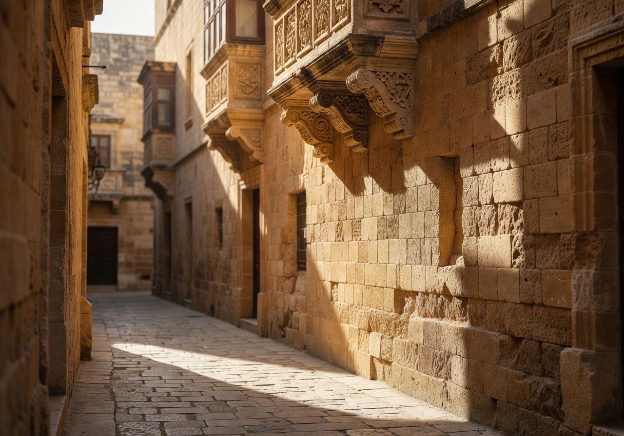 Narrow limestone alleyway in Mdina Malta bathed in warm afternoon light with ornate carved balcony above