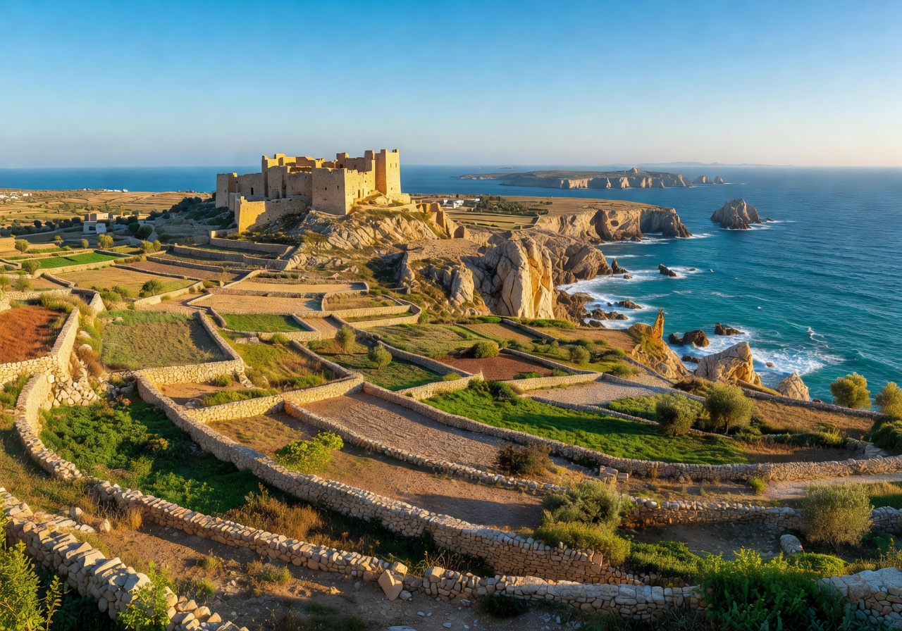 Panoramic view of Gozo island landscape with terraced fields ancient citadel and Mediterranean coastline
