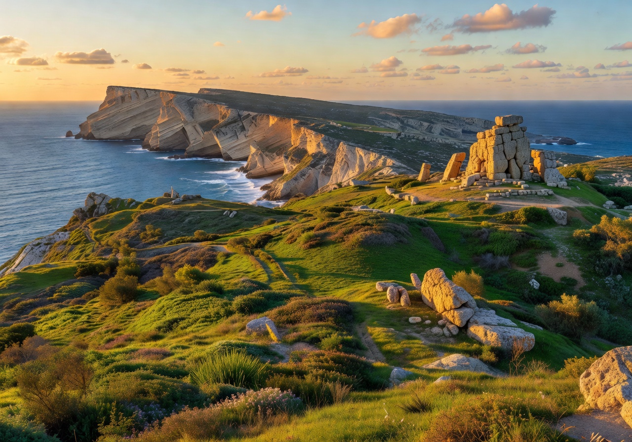 Scenic view of Gozo island Malta with green hills ancient temples and dramatic coastal cliffs