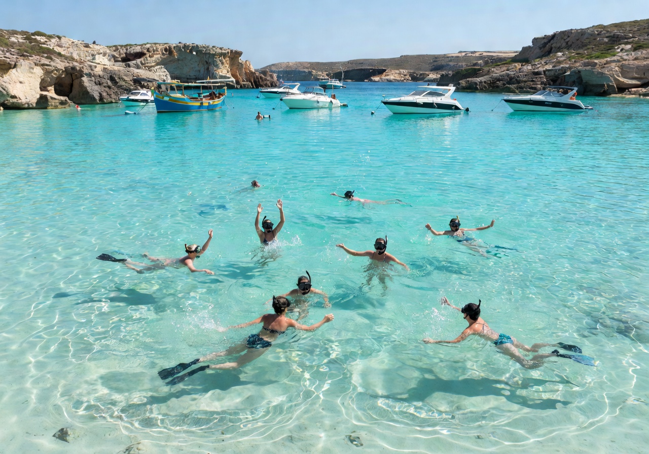 Swimmers and snorkellers enjoying the crystal clear waters of the Blue Lagoon Comino with boats anchored nearby