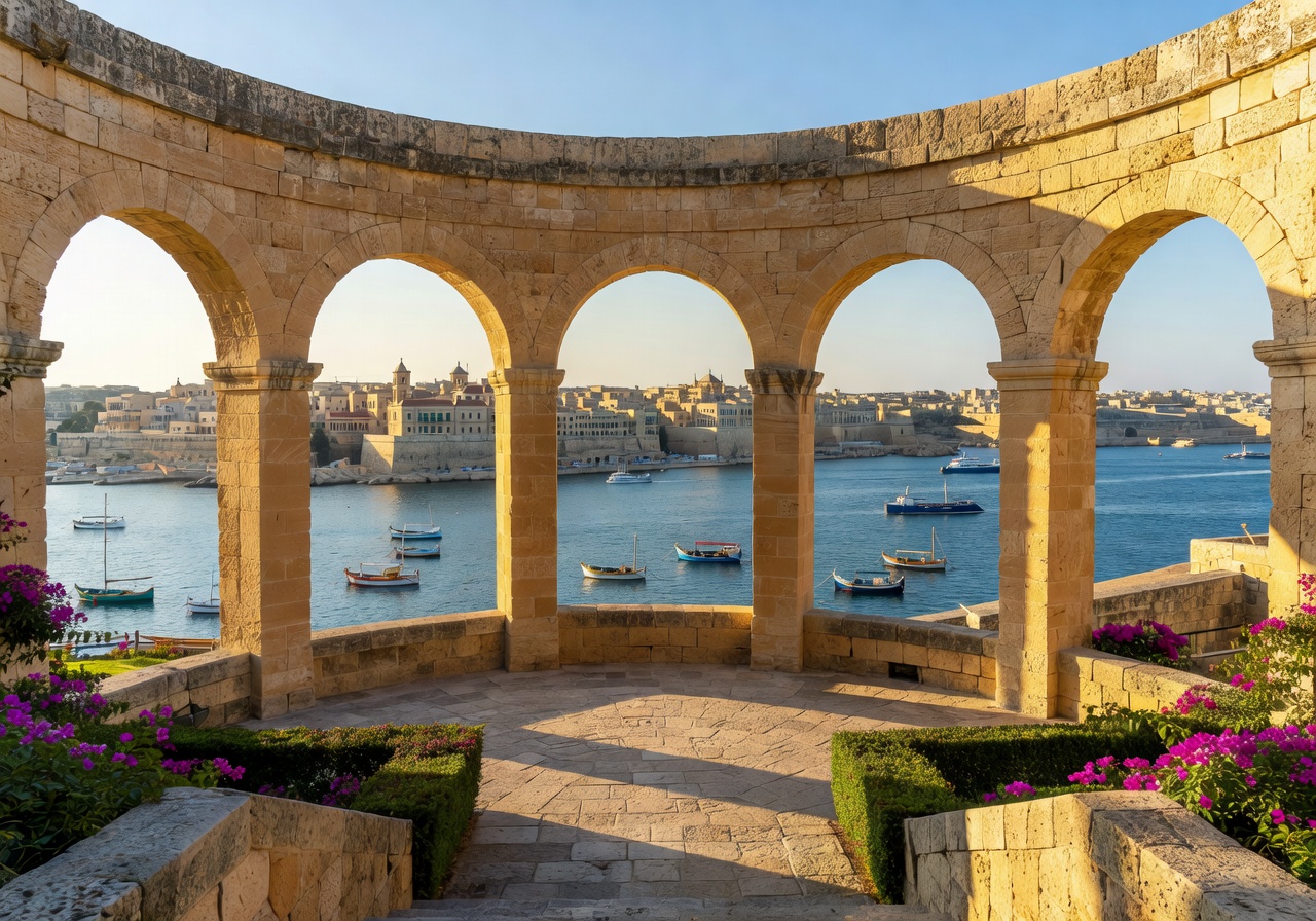 Upper Barrakka Gardens in Valletta Malta with arched colonnade overlooking the Grand Harbour and Three Cities