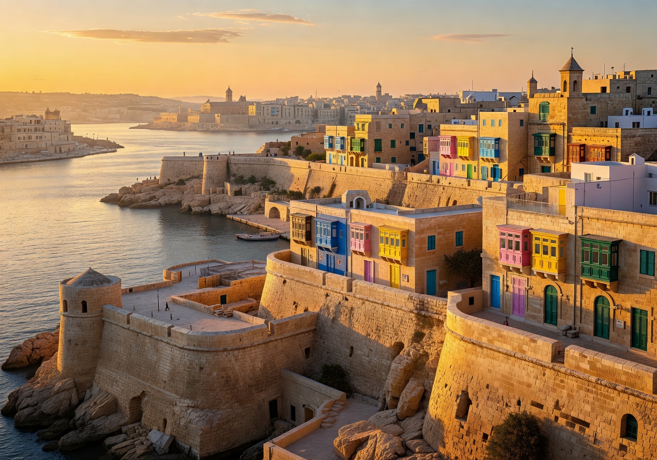 Valletta Grand Harbour panorama with historic fortifications and colourful balconies at golden hour