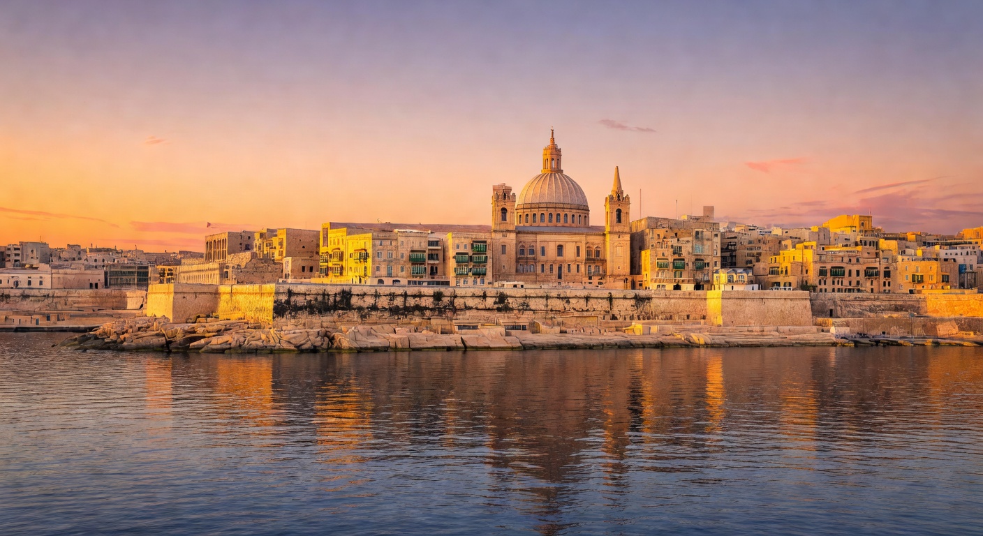 Valletta Malta skyline with domed churches and Grand Harbour at sunset with golden light reflecting on water